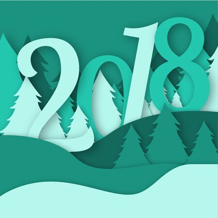 2018 Merry christmas greeting card vector origami forest winter xmas made pine tree snow paper art snowy craft style papercut illustration.のイラスト素材