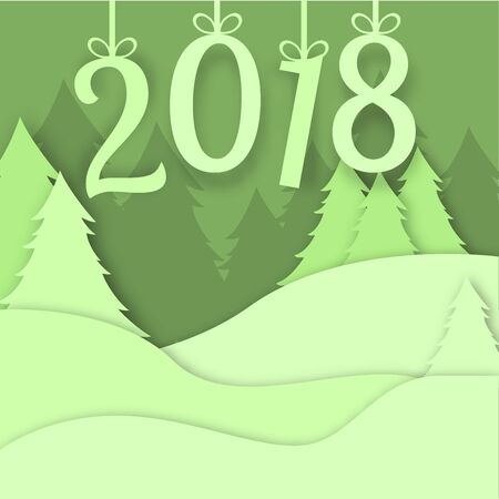 2018 Merry christmas greeting card vector origami forest winter xmas made pine tree snow paper art snowy craft style papercut illustration. Park tree landscape background.のイラスト素材