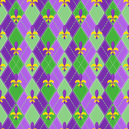 Mardi Gras carnival party vector seamless pattern background masquerade celebration festival poster design holiday purple brochure. Venetian mardi gras mask fleur de lis party decorations.のイラスト素材