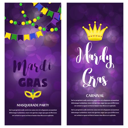 Mardi Gras carnival party vector background masquerade celebration festival poster design holiday purple brochure. Venetian mardi gras mask with feathers beads, joker, fleur de lis party decorations.のイラスト素材