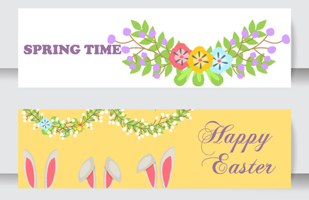 Easter cards vector cartoon characters and invitation banner design holiday decoration spring celebration traditional greeting symbols. Easter bunny, chickens, eggs and flower illustration.のイラスト素材