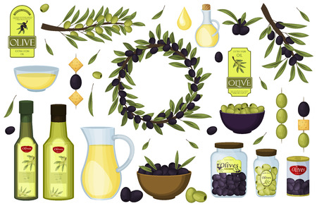 Olive oil vector products and decorations from olives branch healthy ingredient natural food fresh organic fruit illustration. Extra virgin bottle cuisine health plant.のイラスト素材