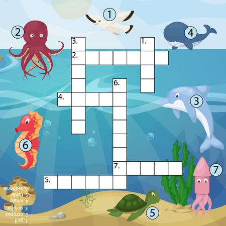 Crossword kids magazine book puzzle game of sea underwater ocean fish and animals logical worksheet colorful printable vector Illustration.のイラスト素材