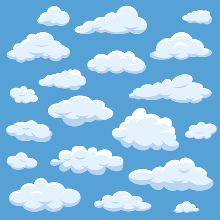 Clouds isolated on blue sky cloudy bright vector cloudscape. Nature air weather fluffy white cloud illustration.のイラスト素材
