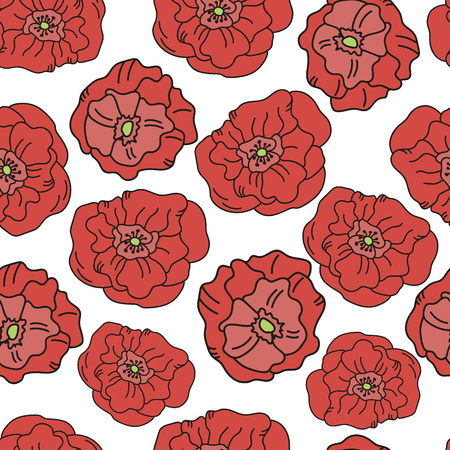 Poppy seamless flower pattern summer floral background spring decoration nature poppies wallpaper vector illustration. Red fabric blossom plant texture garden petal poppy bloom.のイラスト素材