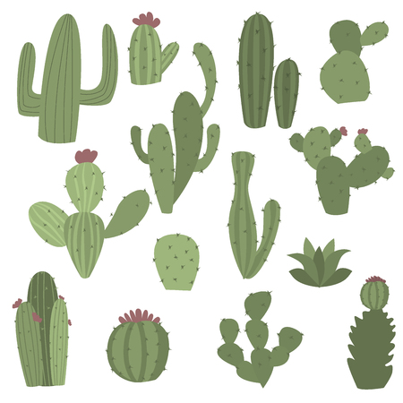 Cactus icons in flat handrawn style on white background vector illustration. Home plants cactus with flowers. Decorative cacti with prickles and without.のイラスト素材