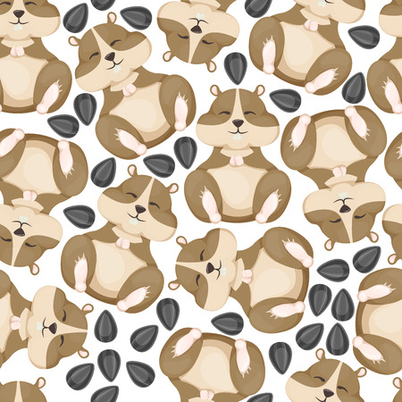 Hamster funny little animal eats sunflower seeds seamless pattern background vector character small rodent cute mouse pet illustrationのイラスト素材