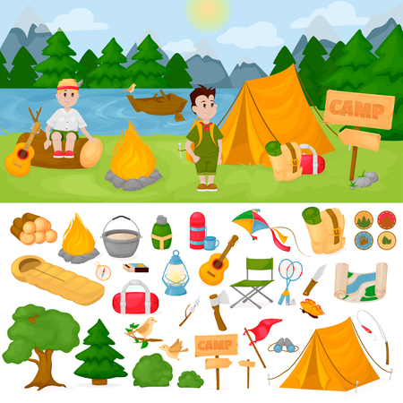 Camping children summer camp park vector illustration fun childhood campfire nature outdoor leisure.のイラスト素材