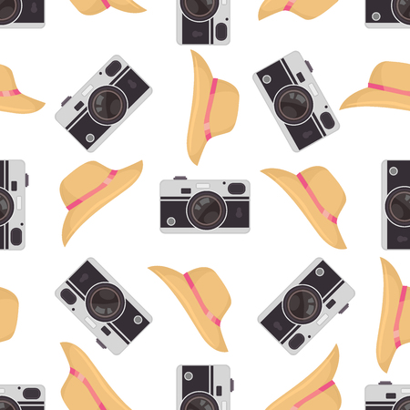 Photo camera background. Vector colorful seamless pattern with cute retro cameras. Photograph digital equipment. Photography wallpaper with fashion summer hats.の写真素材