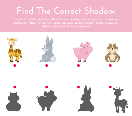 Animals and their shapes shadow matching game vector illustration. Kindergarten worksheets. Shadow matching game, activity page for kids. Education learning children puzzle.のイラスト素材