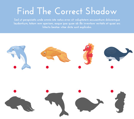 Animals and their shapes shadow matching game vector illustration. Kindergarten worksheets. Shadow matching game, activity page for kids. Education learning children puzzle.のイラスト素材