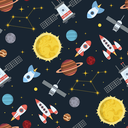 Rocket space globe solar system and planet cosmos sky seamless pattern background vector illustration.の写真素材