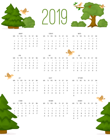 Calendar 2019, Week starts from Sunday, business template vector illustration. Simple calendar date year organizer design.のイラスト素材
