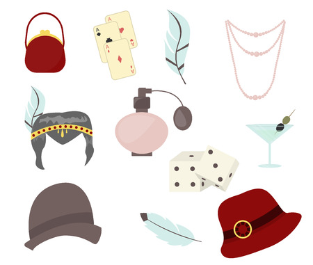 Retro fashion 1920s 1930s accessories with women hats, clothes, jewelry vector illustration. Chicago party jazz style. Old-fashioned retro-styled design. Simple twenties hairstyle and accessory.のイラスト素材