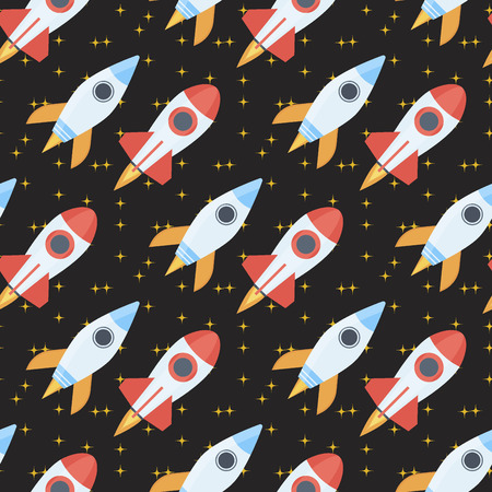 Rocket space globe solar system and planet cosmos sky seamless pattern background vector illustration. Flight spacecraft astronaut exploration travel shuttle. Cosmonaut spaceman ocketship.のイラスト素材