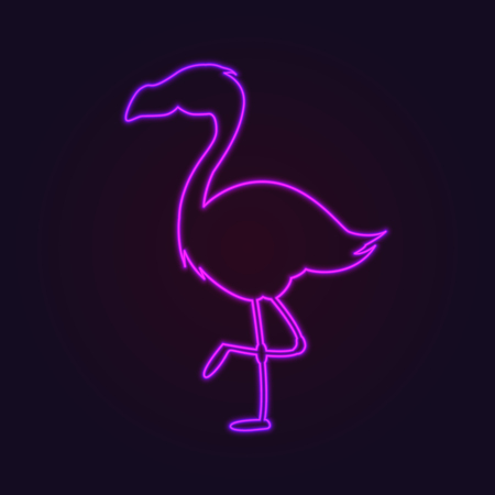 Pink neon flamingo vector light sign illustration. Fluorescent tropical bird decoration glowing element. Glow night and bright electric flamingos bar emblem.の写真素材