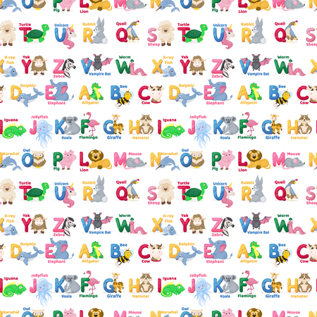 Zoo animals alphabet seamless pattern abc vector background cute cartoon wild characters illustration. Creative kids texture for fabric, wrapping, textile wallpaper, apparel vector illustration.のイラスト素材