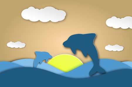 Sea dolphins origami paper cut blue seaside background. Underwater cave and ocean creatures card. Vector seascape concept. Nature aquatic papercut illustration.のイラスト素材