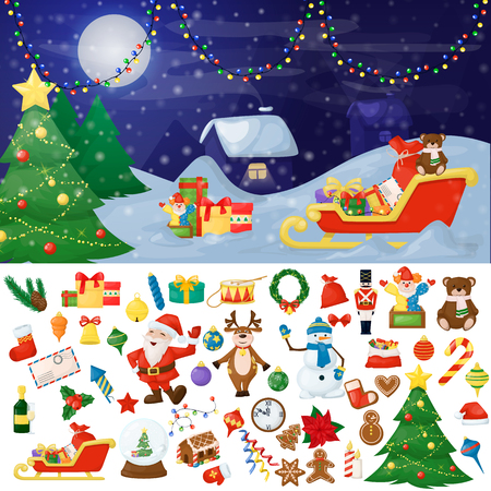 Christmas fir tree with decoration on dark snowy background vector illustration. Santa sleigh with gifts on snow. Winter holiday xmas decoration nature. Happy new year greeting card.のイラスト素材