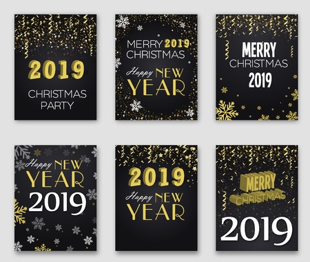 New Year 2019 card and Merry Christmas holiday invitation background concept. Happy New Year 2019 text design. Vector greeting card illustration with golden numbers and snowflakes.のイラスト素材
