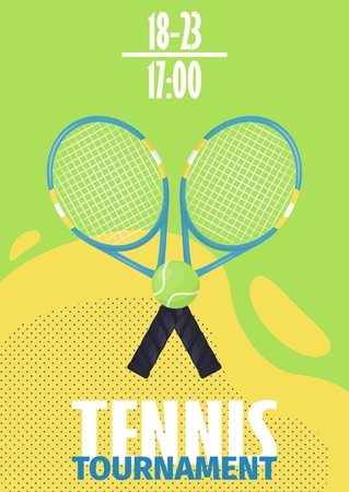 Tennis tournament poster with tennis ball shield flyer template vector illustration design. Sport championship tennis ball racket equipment template. Competitive match winner challenge.のイラスト素材