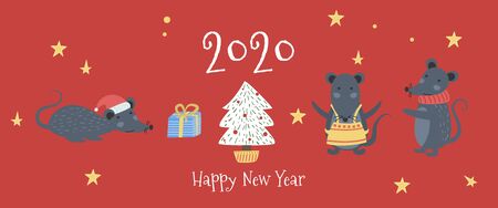 Christmas mouse, cheese, hat, scarf, gift, heart, bow. Winter cute vector animals illustration. 2020 Chinese New Year simbol. Mouse, Rat horoscope. Hand drawn mice with Santa hat, fir, gifts, garland.のイラスト素材