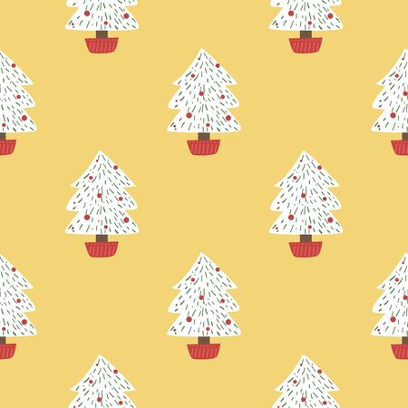 Christmas pine trees seamless pattern. Winter cute Santa hat, fir, gifts, garland. vector illustration. 2020 Chinese New Year simbol background. Creative Hand Drawn textures for winter holidays.のイラスト素材