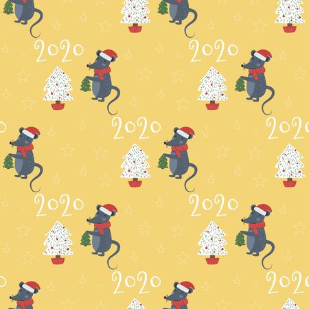 Christmas mouse seamless pattern. Winter cute vector animals illustration. 2020 Chinese New Year simbol. Mouse, Rat horoscope. Hand drawn mice with Santa hat, fir, gifts, garland.のイラスト素材