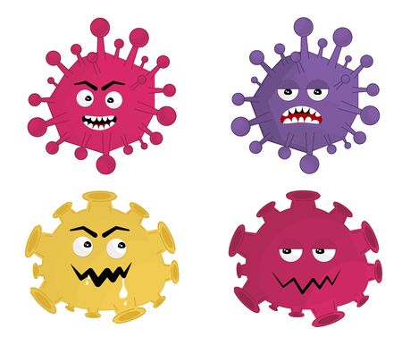 Virus character vector illustration on white background. Germ virus infection vector and funny micro bacteria character. Microbe, Pathogen, Virus icon. Funny isolated virus infection charactersのイラスト素材