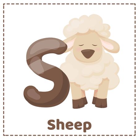 Alphabet printable flashcards vector with letter S. Vector Cute Sheep Farm fanny milk young animal character illustration.のイラスト素材