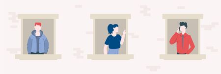 Stay home during coronavirus epidemic. Staying at home self quarantine protection from virus. Neighbors cartoon people in apartment house windows. Neighborhood concept. Neighbour character friendshipのイラスト素材