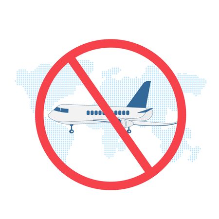Stop travel motivation. Ban on airplane. Plane in prohibition sign. Stop cargo. Stay home during coronavirus epidemic. Staying at home in self quarantine, protection from virus. Vector illustration.のイラスト素材