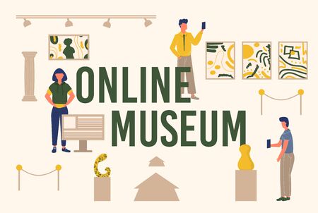 Museum online banner. Typography emblem with people, pictures composition.のイラスト素材