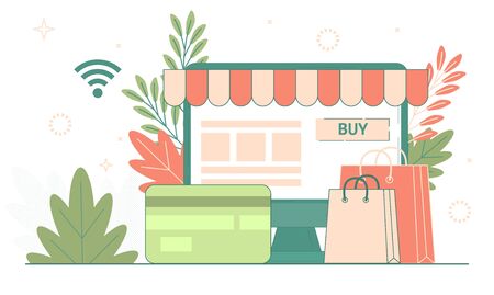 Computer screen represent of front of shop store. Shopping Online on Website Application Vector Concept Marketing and Digital marketing. Online store sale app. E-shopping business.のイラスト素材