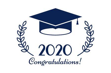 Class of 2020 with graduation cap. Congratulations on graduation. Graduation lettering label. Monochrome graduate class of 2020 badge. Emblem with hat, diploma.のイラスト素材