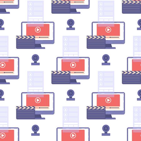 Live streaming, broadcast seamless pattern. Video streaming podcast. Business co working process. Online videos Vector. Video blogging. Video conferencing and online communication. Broadcast vlogのイラスト素材