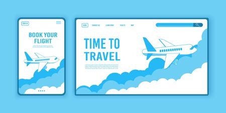 Airplane ticket template or landing page design, banner with flying airliner in sky with clouds, passenger aircraft, plane, tourism concept, vector illustration. Reopening airline travel flight.のイラスト素材