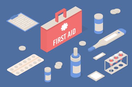 First aid kit box with medical equipment and medications for emergency. isomertic icons.の写真素材