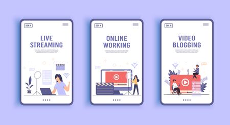 Live streaming, broadcast concept. Video streaming podcast. Business co working process. Online videos Vector. Video blogging. Video conferencing and online communication. Broadcast vlog landing pageのイラスト素材