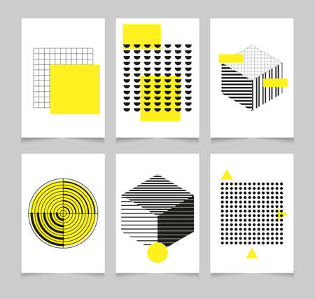 Geometric shapes. Trend Neo Memphis geometric poster cards with bright bold blocks of color zig...