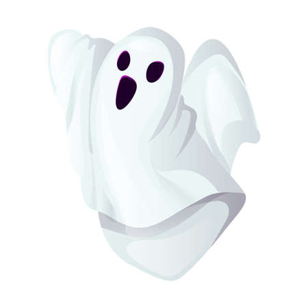 Halloween party poster with scary ghost spooky character vector illustration. Night horror invitation card. Mystery trick or treat phantom dead person spirit. Scary people soul on cob web and spider.のイラスト素材