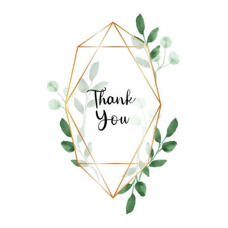 Wedding invitation frame. Watercolor green leaves gold geometrical border isolated on white. Wreath, floral, herbs garland, green, greenery color. Handdrawn Vector Watercolour style, nature art.のイラスト素材