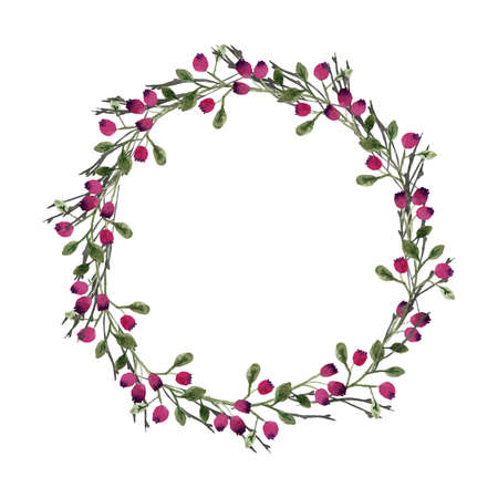 Floral wreath. Round borders made of hand drawn herbs and flowers. Herbal frame. Greenery autumn border isolated on white. Fall nature branch to ornate quote or logo. Wedding wreath invitation.のイラスト素材