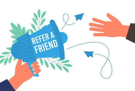 Refer a Friend Poster with Megaphone and Hand. Vector Illustration referal marketing business...