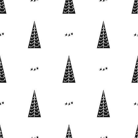Seamless pattern with Christmas tree and snowflake for winter holidays design. Scandinavian Christmas monohrome Collection. Wrapping paper for xmas winter decoration. Holiday background.のイラスト素材