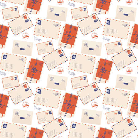 Christmas envelope with cute stamps. Mail Envelope, Stickers, Stamps And Postcard Vintage Style Vector seamless pattern. Winter holidays background letter. Paper mail blank. Postcard message gift.のイラスト素材