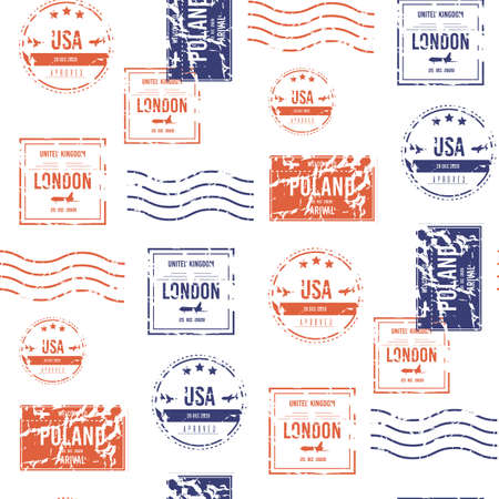 Christmas envelope with cute stamps. Mail Envelope, Stickers, Stamps And Postcard Vintage Style Vector seamless pattern. Winter holidays background letter. Paper mail blank. Postcard message gift.のイラスト素材