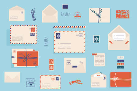 Christmas envelope with cute stamps. Mail Envelope, Stickers, Stamps And Postcard Vintage Style Vector seamless pattern. Winter holidays background letter. Paper mail blank. Postcard message gift.のイラスト素材