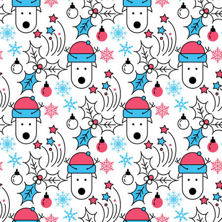 Christmas and Winter seamless pattern. Line art merry christmas holiday symbols. Xmas decoration gifts and trendy minimal ornament. Festive winter new year vector icons.のイラスト素材