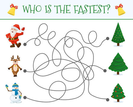 Winter maze for children. Preschool Christmas activity. New Year puzzle game with cute Santa, snowman and deer. Who is faster to get to the christmas tree. Worksheet home schooling labyrinth game.のイラスト素材